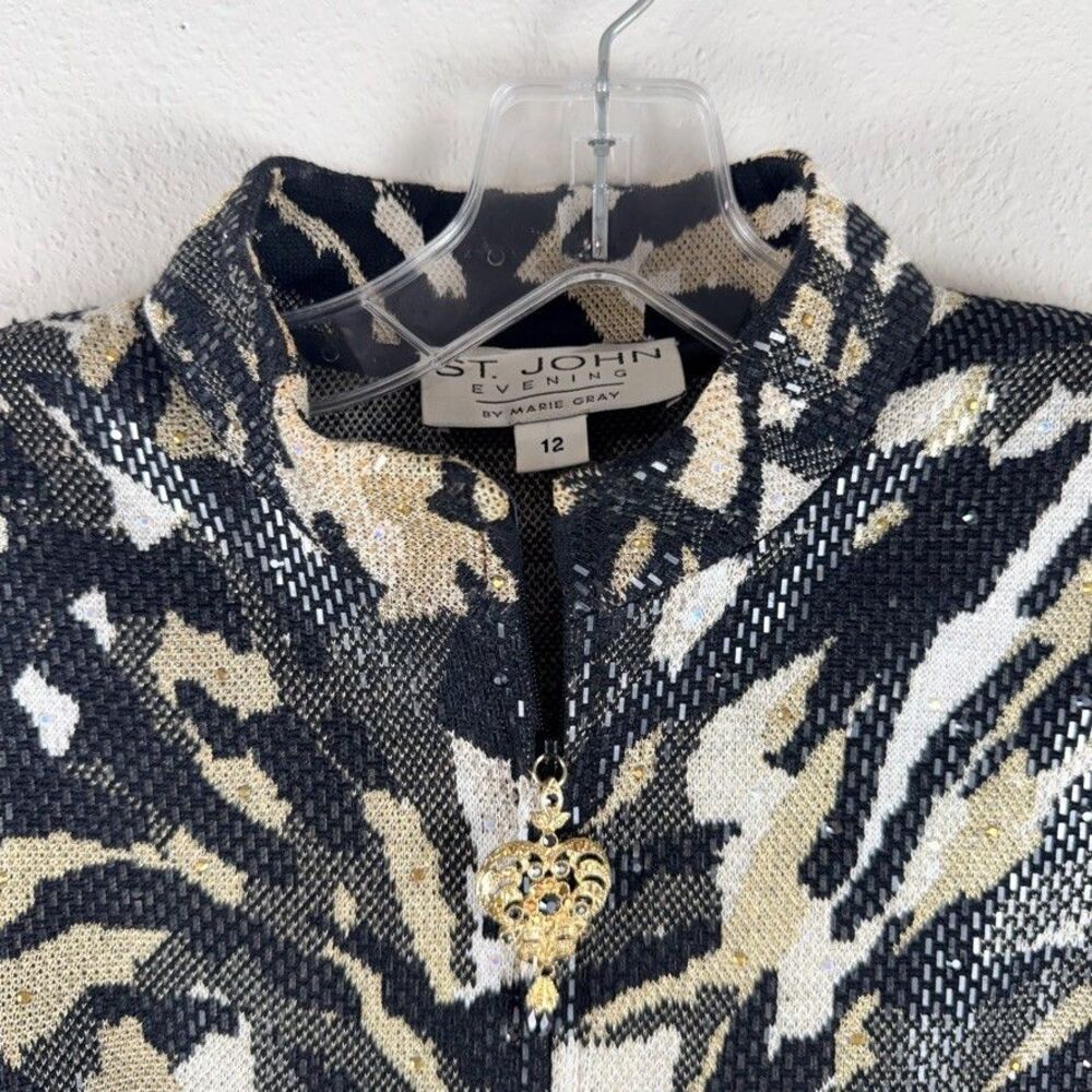 St John Evening Womens 12 Sequin Tiger Face Knit Jacket Blazer Full Zip Back - Picture 3 of 14
